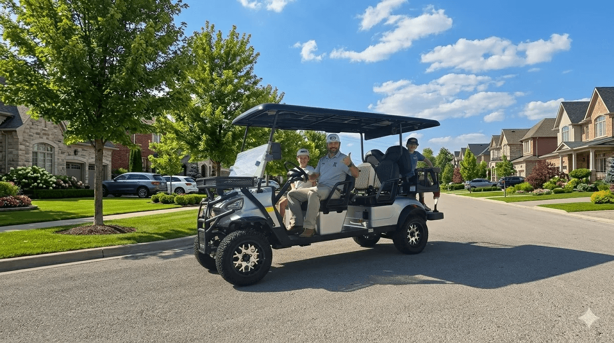 Family in a golf cart